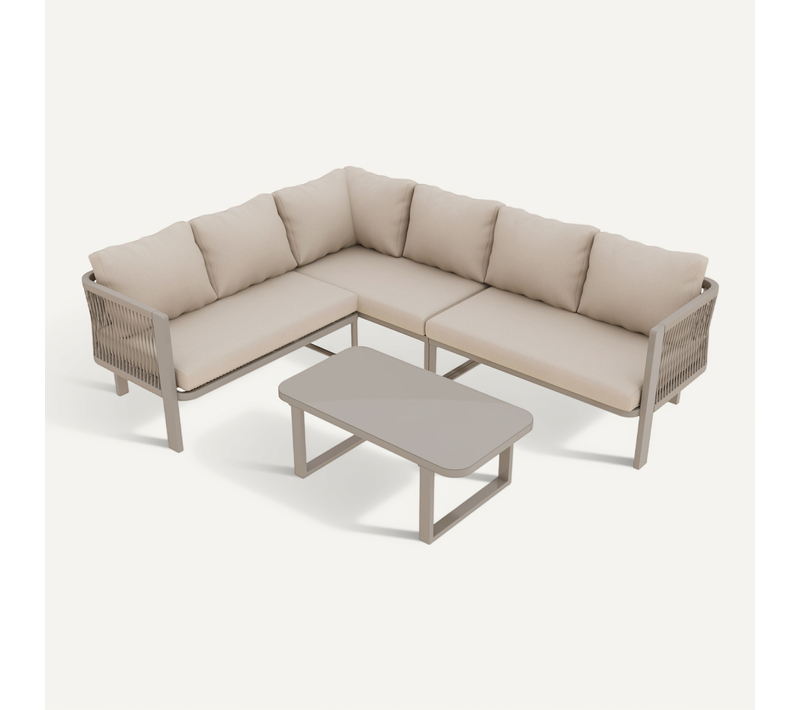 Salon De Jardin 6 Places, Canapé D Angle Avec Table En Verre, Acier Et Polyester, Coloris Kaki