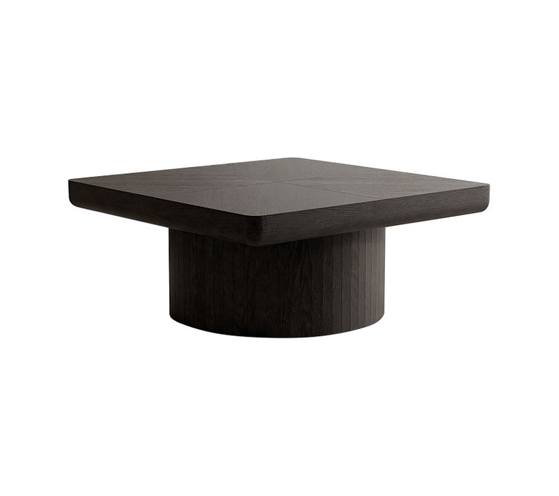 Table Basse Carrée 78 Cm, Plateau épais 8 Cm, Base Cylindrique, Placage Bois, Noir