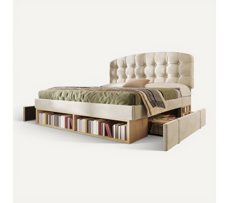 Lit Double 140x200 Cm, Tête De Lit Réglable, Tiroirs Et Niches De Rangement, Velours, Beige