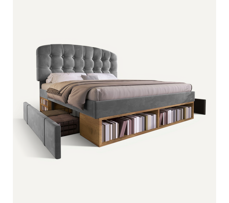 Lit Double 140x190 Cm, Lit Adulte, Tête De Lit Réglable Et Rangement Avec Tiroirs, Velours, Gris