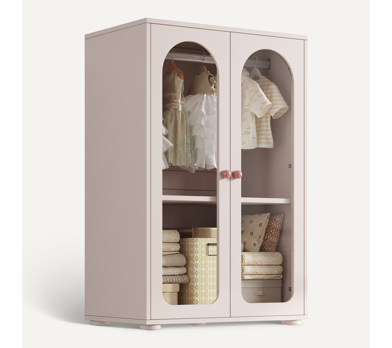 Armoire 2 Portes 80x50x120 Cm, étagères Réglables, Penderie, Mdf Et Acrylique, Rose Bébé