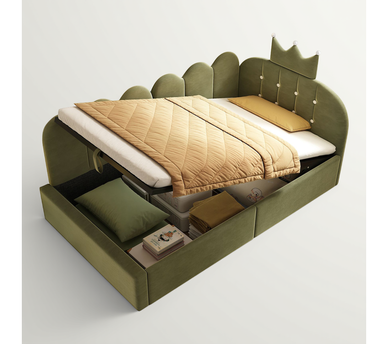 Lit Coffre 90x200 Cm, Banquette En L Avec Rangement Hydraulique, Velours, Vert, Tête Couronne