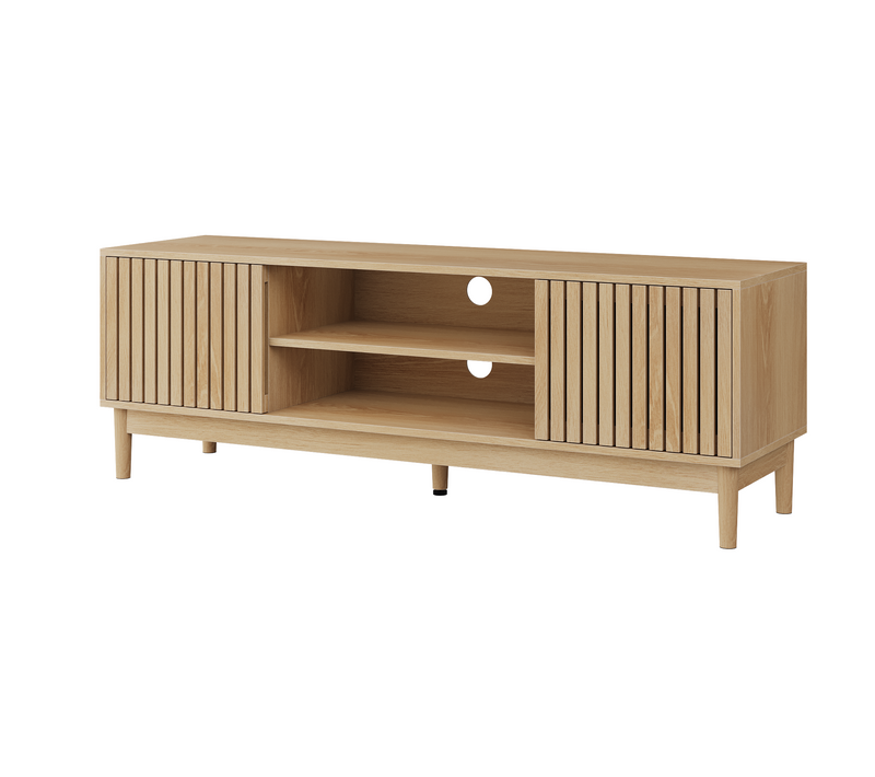 Meuble TV 140x39x48 Cm, Rangement à Portes Rainurées, Mdf Et Panneaux De Particules, Couleur Bois