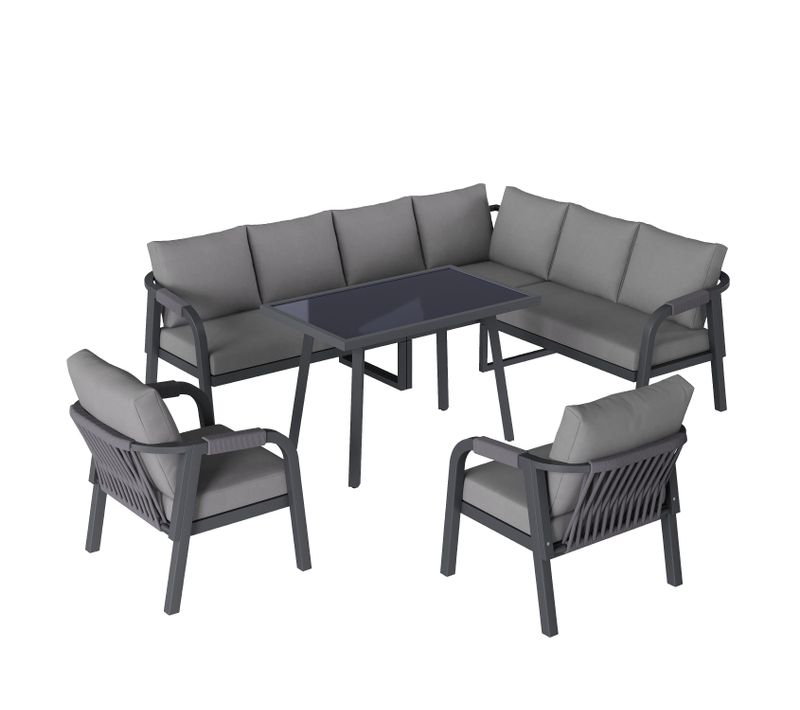 Salon De Jardin Angle 8 Places, Table Repas Verre, 2 Fauteuils, Acier Et Polyester, Gris