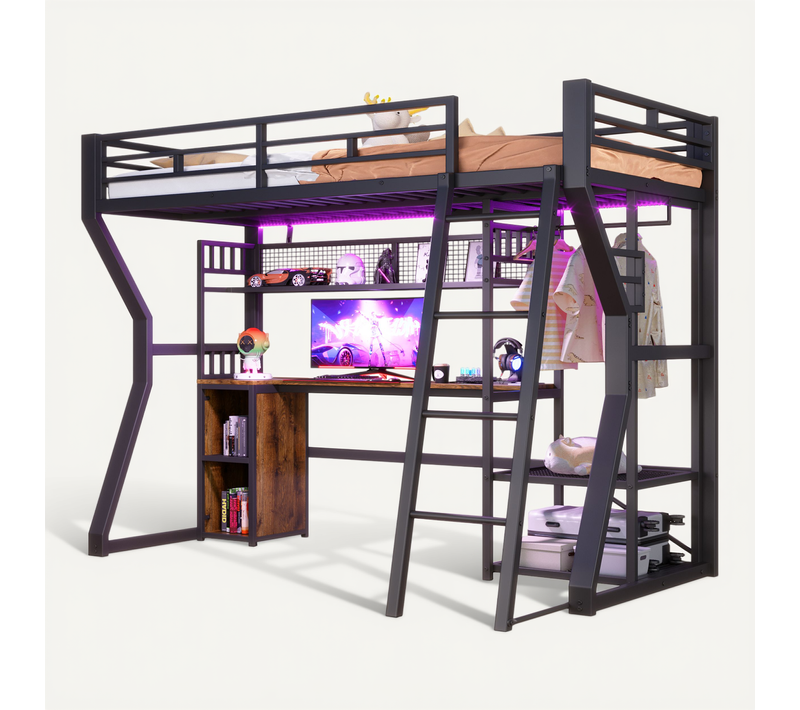 Lit Mezzanine 90x200 Cm, Avec LED, Prise, Bureau, Penderie Et Rangement, Mdf Et Métal, Noir