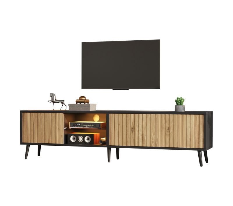 Meuble TV 175x31x43,5 Cm, LED Et 3 Portes, Pour 75 Pouces, Verre Sécurisé, Bois Et Noir