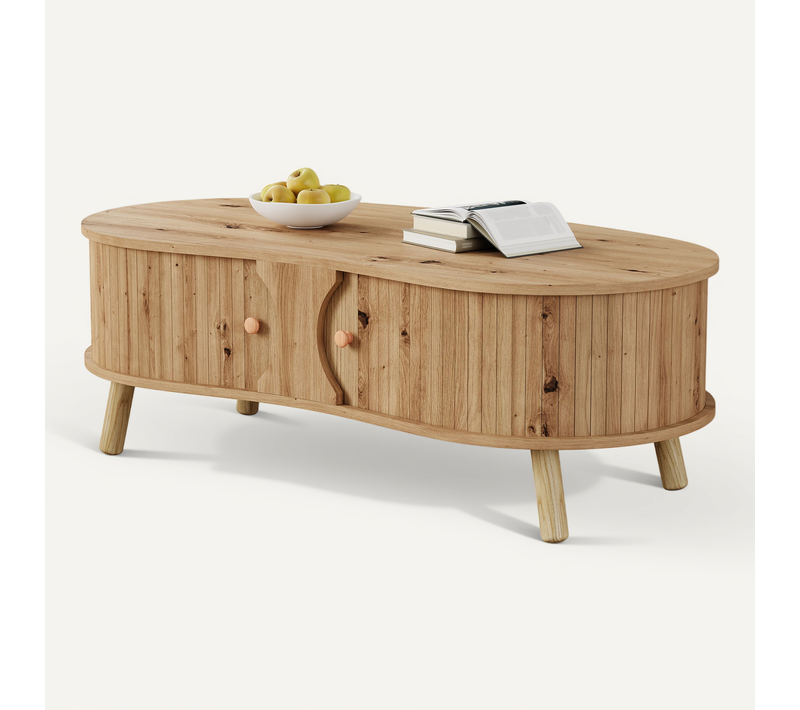 Table Basse 108x50x37 Cm, 2 Portes Coulissantes, Rangement, Mdf Aspect Bois, Couleur Bois