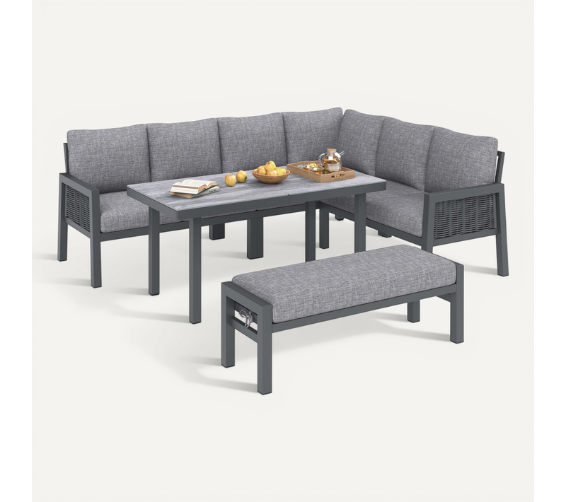Salon De Jardin 8 Places, Table 140x70 Cm, Ensemble Repas Et Détente, Acier Galvanisé, Gris