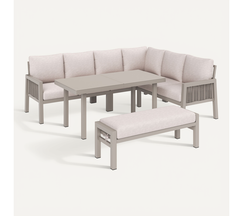 Salon De Jardin 8 Places, Table 140x70 Cm, Angle Repas Détente, Acier, Verre Et Polyester, Kaki
