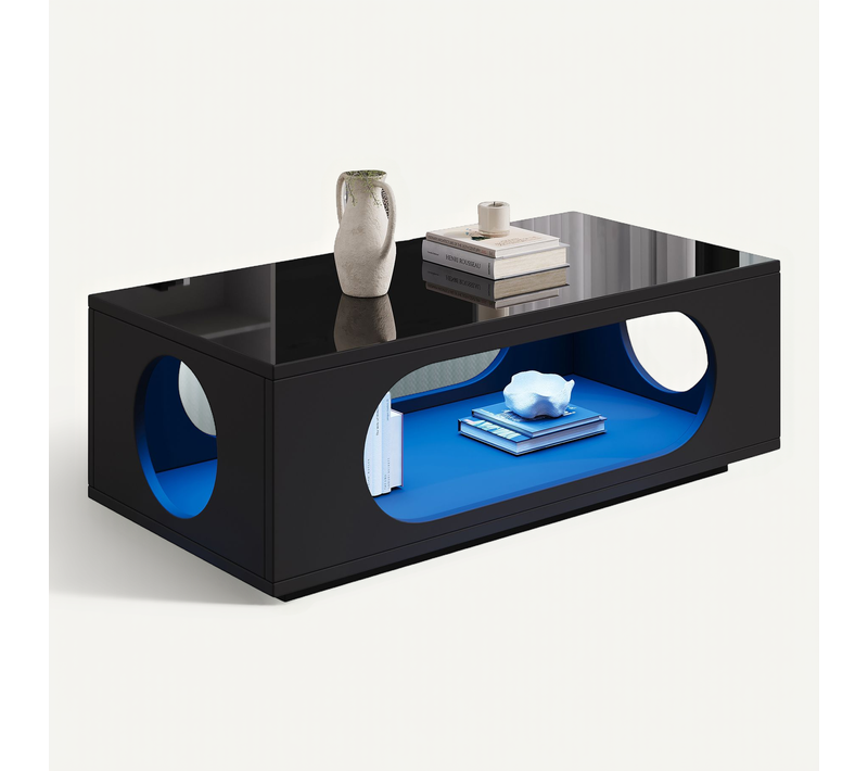 Table Basse 100x50x35 Cm, éclairage LED Réglable, Grand Rangement Ouvert, Mdf, Couleur Noir