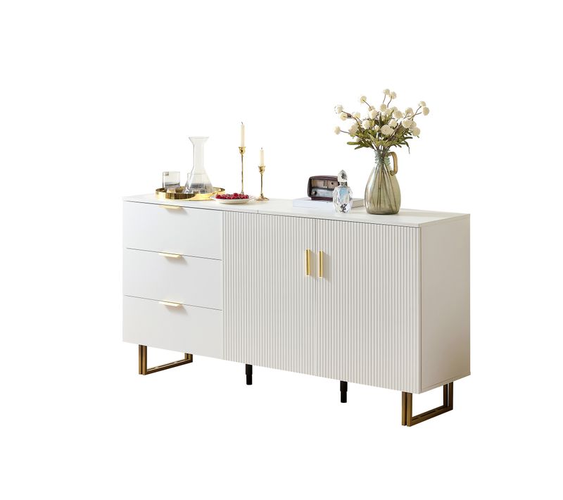 Buffet 160x40x81,5 Cm, 2 Portes Et 3 Tiroirs, Grand Rangement, Mdf, Blanc, Poignées Dorées