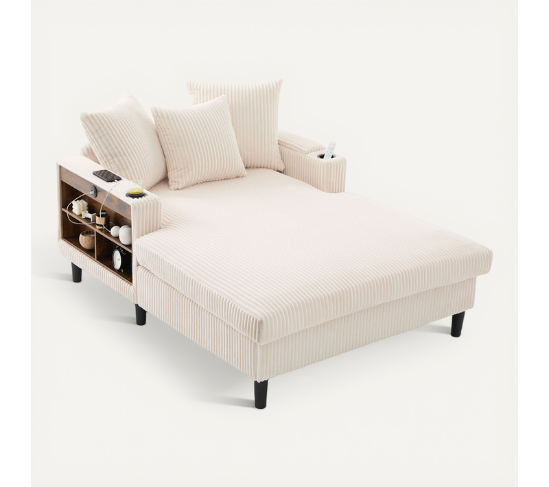 Méridienne 170x129x70 Cm, LED, Rangement, Port USB Et Porte Gobelets, Velours Côtelé, Beige