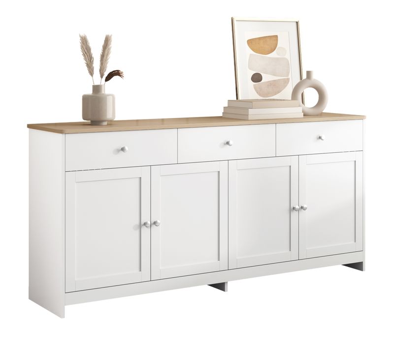 Buffet De Cuisine 160 X 37 X 75 Cm, 3 Tiroirs 4 Portes, étagères Réglables, Mdf, Blanc Et Bois