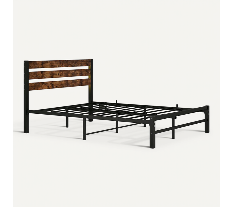 Lit Adulte 140x200 Cm, Lit Double, LED Et USB, Rangement Sous Lit 27 Cm, Métal Et Mdf, Brun