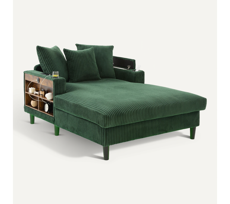 Méridienne 170x129x70 Cm, Rangements Et LED, Port USB, Velours Côtelé, Couleur Vert