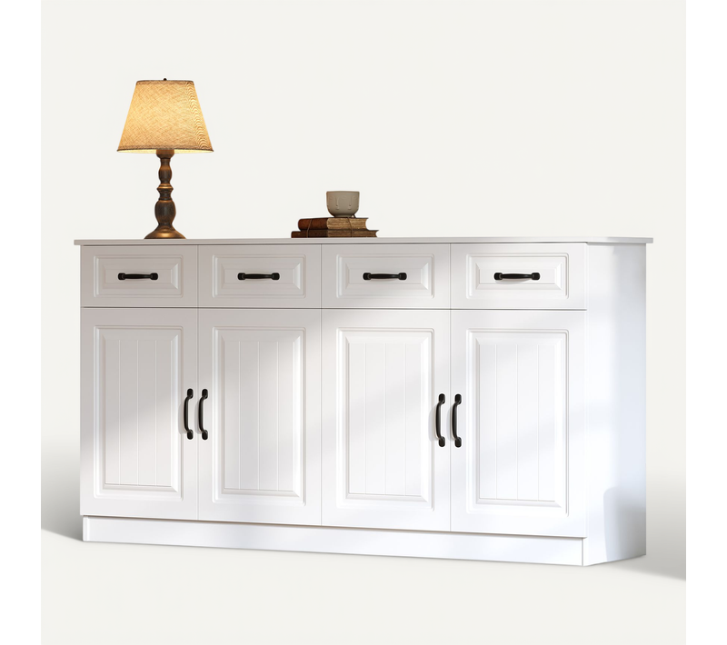 Buffet 160x35x80 Cm, 4 Tiroirs 4 Portes, étagères Réglables, Poignées En Métal, Mdf, Blanc