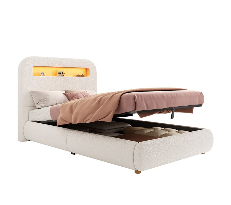 Lit Enfant 90x200cm, Lit Coffre, Tête De Lit Avec Rangement Et LED, Tissu Bouclé Blanc, Sommier