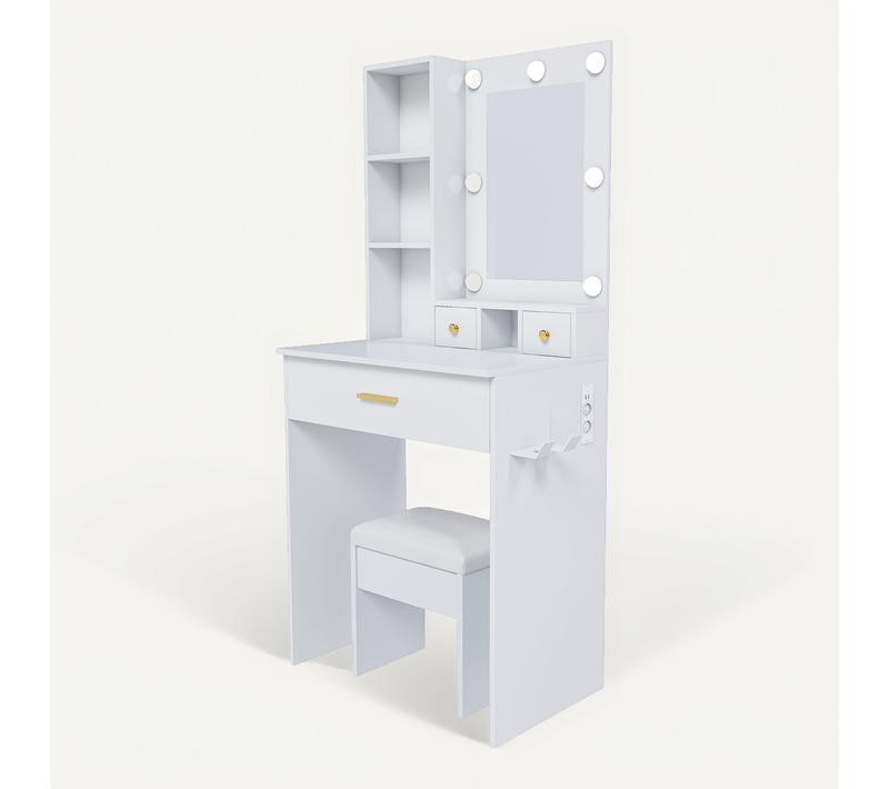Coiffeuse 60x38x131,5 Cm, Miroir LED 3 Modes Et Prises, Rangement Avec Tabouret, Mdf Blanc