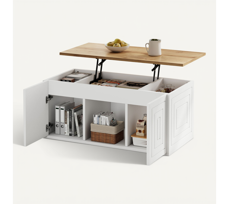 Table Basse Relevable 95x46x45 Cm, Rangement 2 Portes, Panneau De Particules, Blanc Et Bois