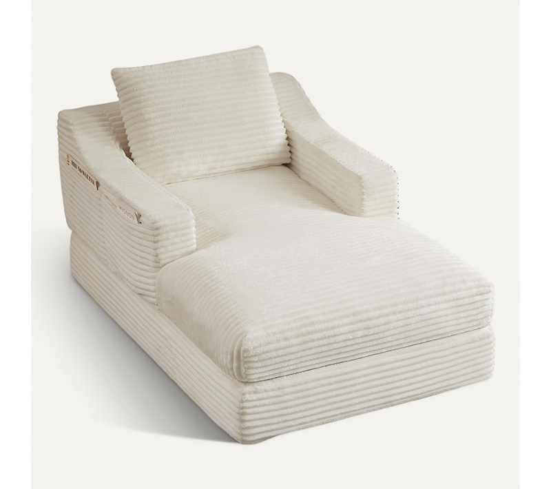 Méridienne 160x100x65cm, Assise Double Couche, Tissu Effet Velours, Mousse Haute Densité, Blanc