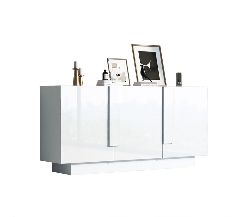 Buffet 160x35x60 Cm, 3 Portes Finition Brillante, 6 Compartiments, Panneaux De Particules Blanc