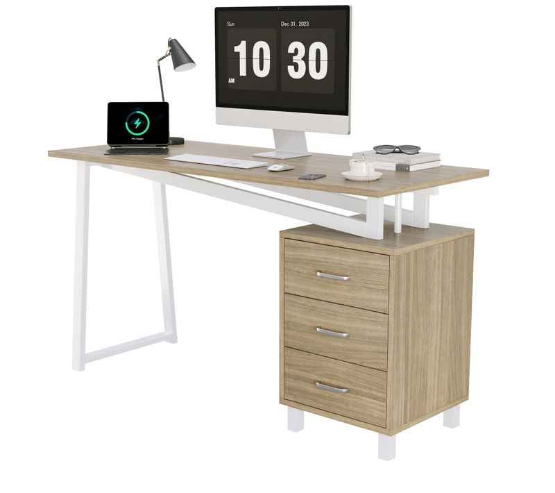 Bureau 130x55x75 Cm, 3 Tiroirs, Rangement Intégré, Mdf Et Acier, Bois Et Blanc, Stable, Moderne