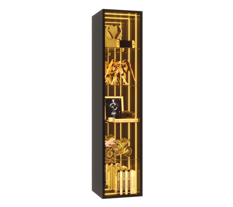 Vitrine 30x30x160 Cm, LED Intégrée, 5 étagères Réglables, Verre Trempé, Aluminium, Mdf Noir