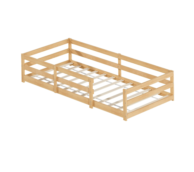 Lit Enfant 90x200 Cm, Couchage Au Sol Avec Barrière, Design Simple, Bois De Pin, Couleur Bois