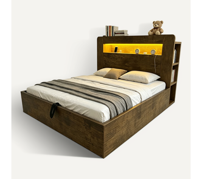 Lit Coffre 140x200 Cm, Tête De Lit Avec LED Et Prises, Rangement Intégré, Bois, Couleur Bois