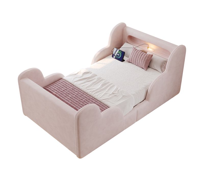 Lit Enfant 90x200 Cm, Avec Barrières De Sécurité Et Veilleuse USB, Velours Et Bois, Rose