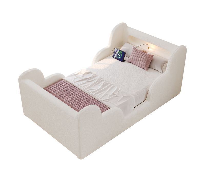 Lit Enfant 90x200 Cm, Avec Barrières De Sécurité Et Veilleuse USB, Velours Et Bois, Beige