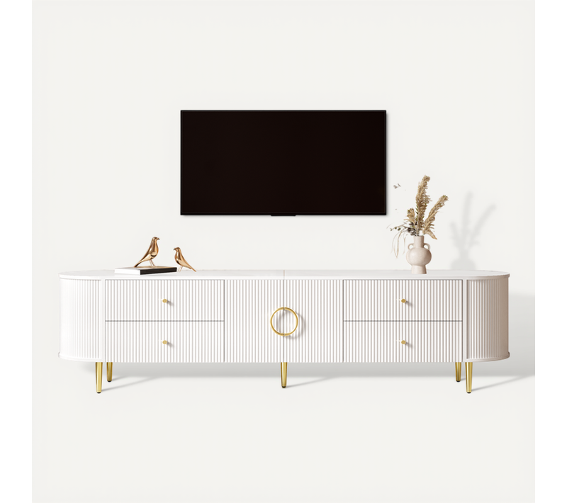 Meuble TV 180x40x53 Cm, Bords Arrondis, 4 Tiroirs, 2 Portes, Structure Ondulée, Mdf, Blanc