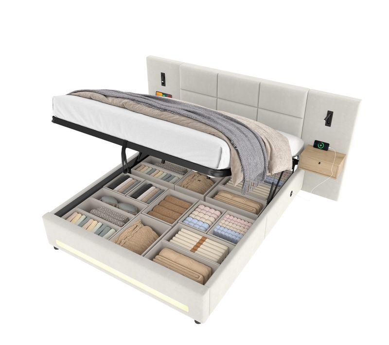 Lit Coffre 2 Places 160x200 Cm Avec LED Et USB-c Velours Beige