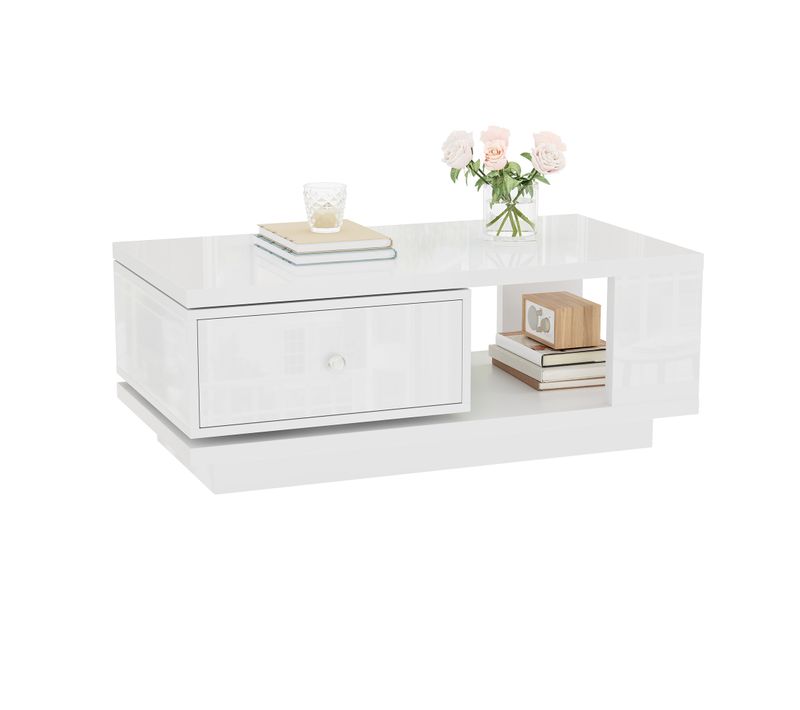 Table Basse Rectangle 90x48x35 Cm Avec Tiroir Rotatif Finition Brillante Couleur Blanc
