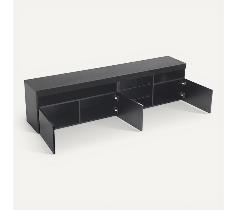 Meuble TV 180 Cm, 3 Portes, 2 Étagères En Verre, Avec LED, Noir