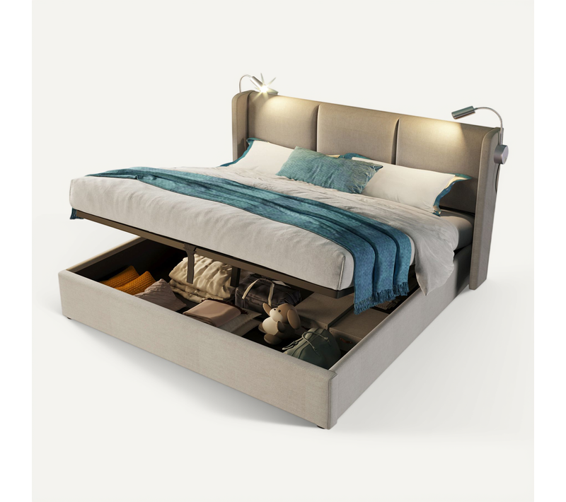 Lit Coffre 160x200 Cm Avec Sommier, Cadre De Lit Avec Rangement, Lampe, USB, En Lin Beige