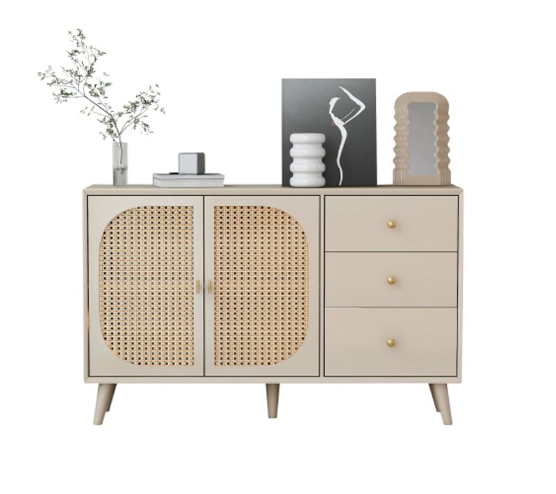 Buffet 120 X 82,5 X 40 Cm, 2 Portes Rotin, 3 Tiroirs, Blanc Cassé