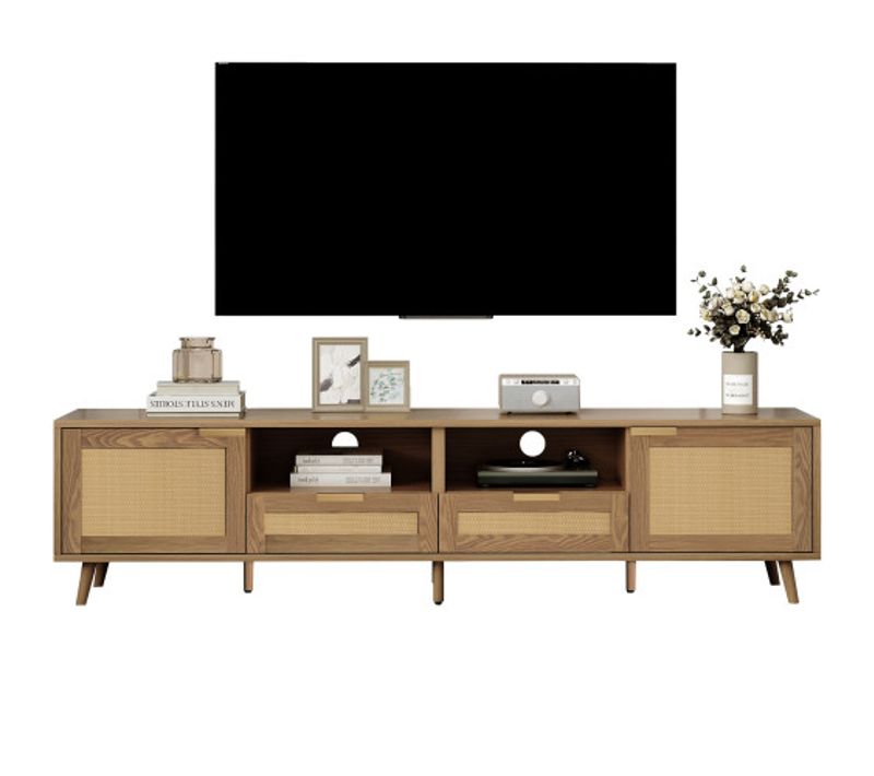 Meuble TV 200 Cm, 2 Portes En Rotin, 2 Tiroirs En Rotin, Couleur Bois