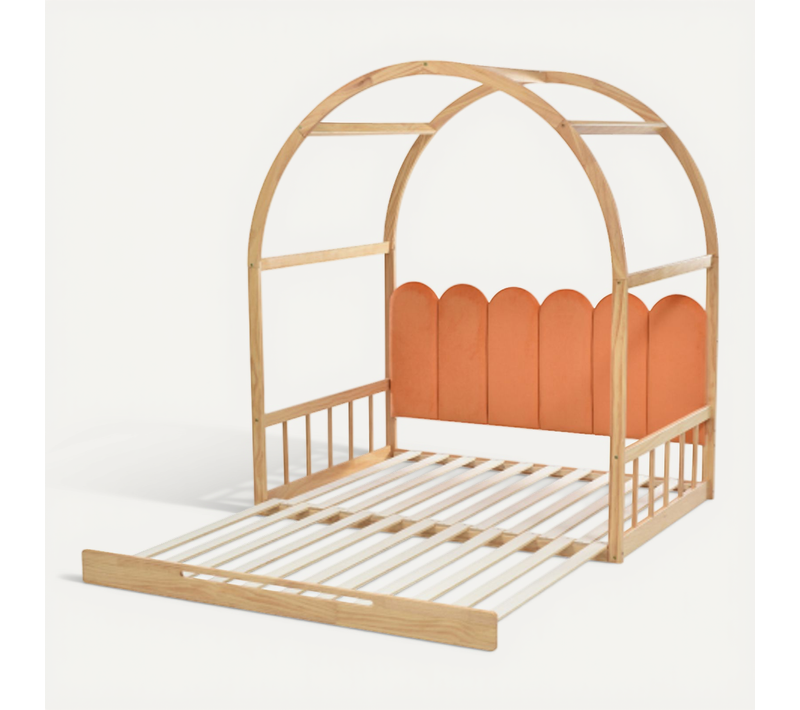 Lit Gigogne 140x100/140x200 Cm, Extensible à Toit Voûté, En Bois, Naturel Et Orange