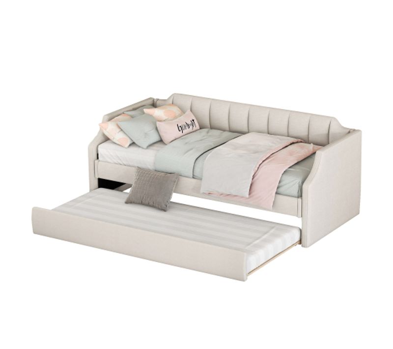 Lit Enfant 90x200 Cm Avec Lit Gigogne 90x190 Cm, Dossier Incurvé, En Coton-lin Beige