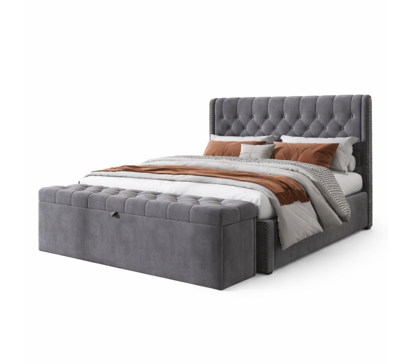 Lit Coffre 140x200 Cm, Avec Sommier à Lattes Et Pouf Coffre, Avec Tête De Lit, En Velours, Gris