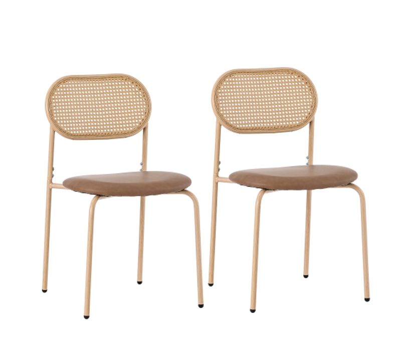 Lot De 2 Chaises De Salle à Manger, Dossier Ovale En Rotin, Assise En Pu, Piètement Métal, Brun