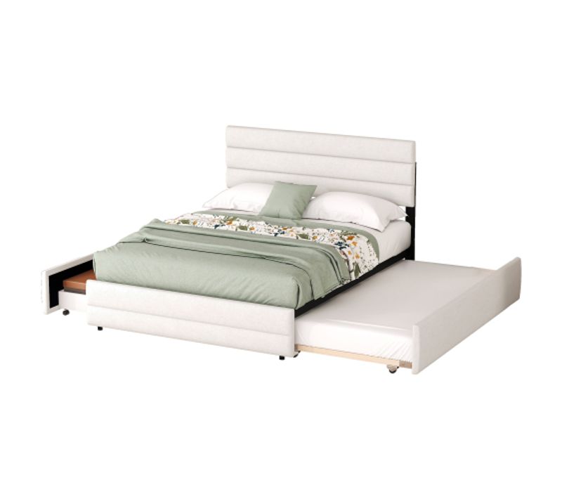 Lit Adulte 140x200 Cm Avec Lit Gigogne 90x190 Cm, 2 Tiroirs, En Lin, Beige