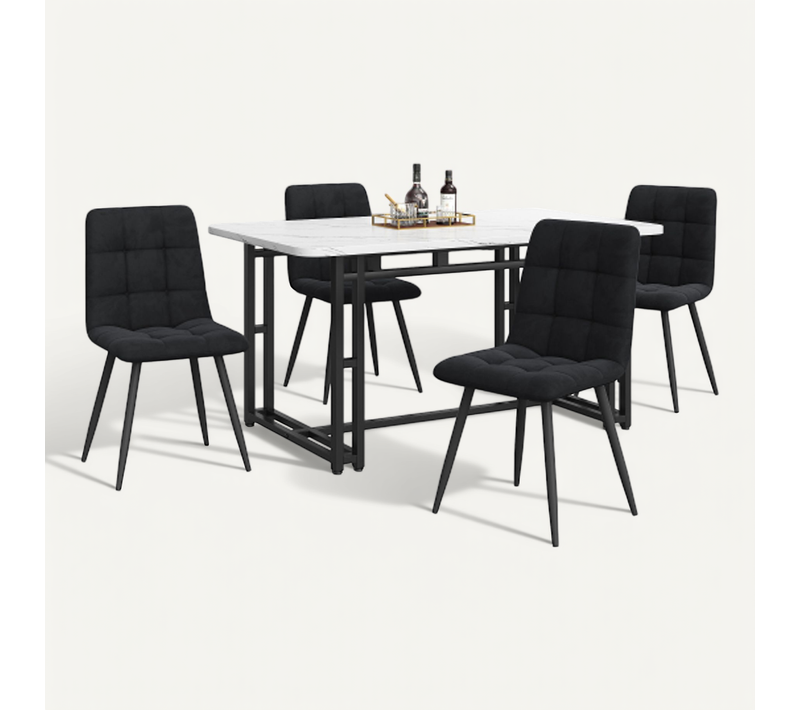 Ensemble Table Et Chaises, Table à Manger Avec Pieds Métal Noir Et 4 Chaises En Velours Noir