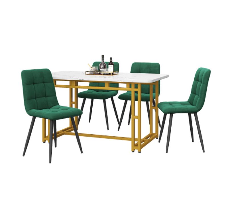 Ensemble Table Et Chaises, Table à Manger 120 Cm Avec Pieds Dorés Et 4 Chaises En Velours Vert