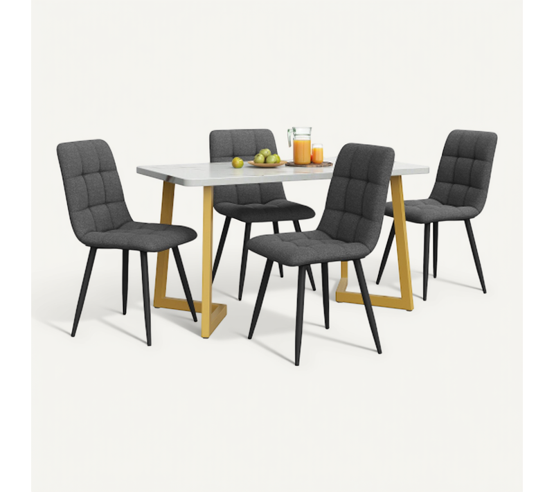 Ensemble Table Et Chaises, Table à Manger Avec Pieds Métal Doré Et 4 Chaises En Lin Gris