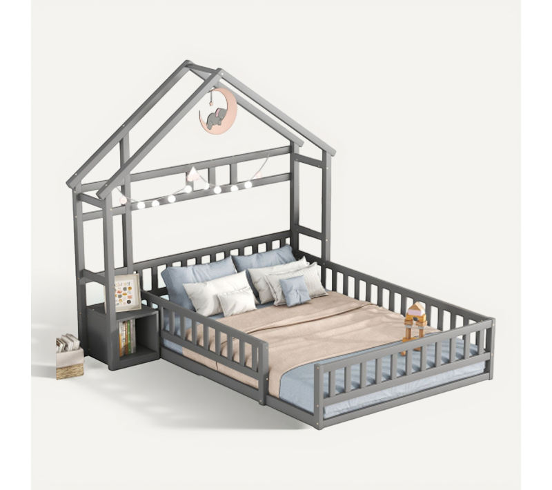 Lit Cabane Enfant 140x200 Cm, Avec Table De Chevet Et Tête De Lit, En Bois, Gris