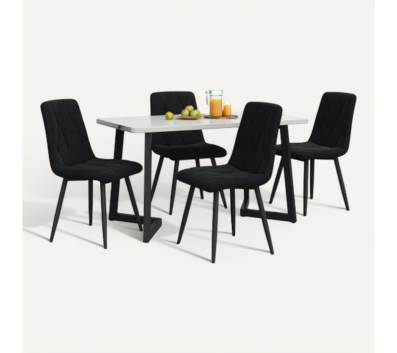 Ensemble Table Et Chaises, Table à Manger 117 Cm Avec Pieds Métal Noir Et 4 Chaises En Velours Noir