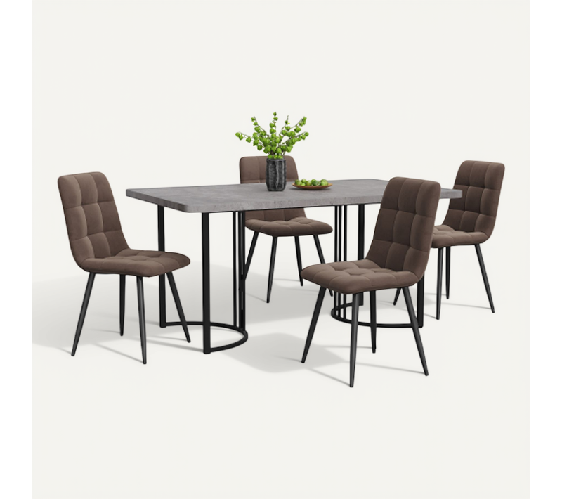 Ensemble Table Et Chaises, Table à Manger Avec Pieds Métal Noir Et 4 Chaises En Velours Gris