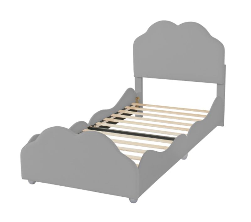 Lit Enfant 90x200 Cm, Tête De Lit Nuage Et Barrières, Avec Lattes, En Bois, Gris